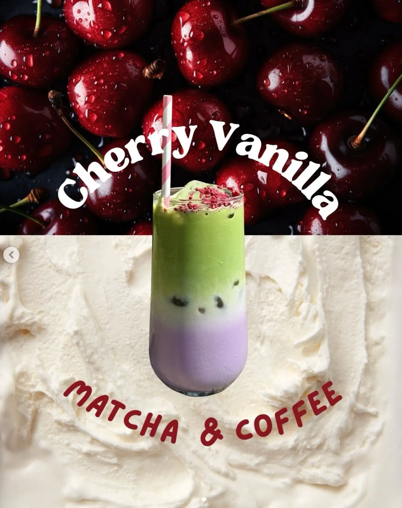 Leaf + Bean promotional graphic for the cherry vanilla matcha and coffee special