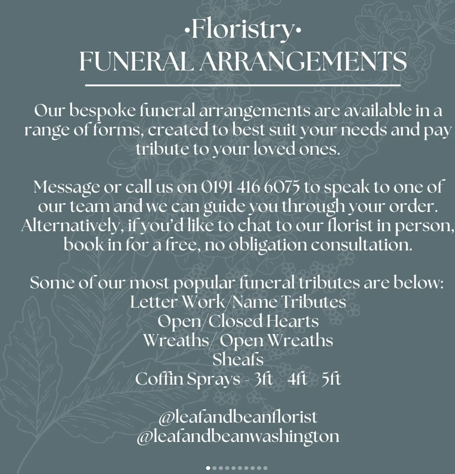Leaf + Bean Florist graphic listing funeral arrangement options, repeated as text on this page