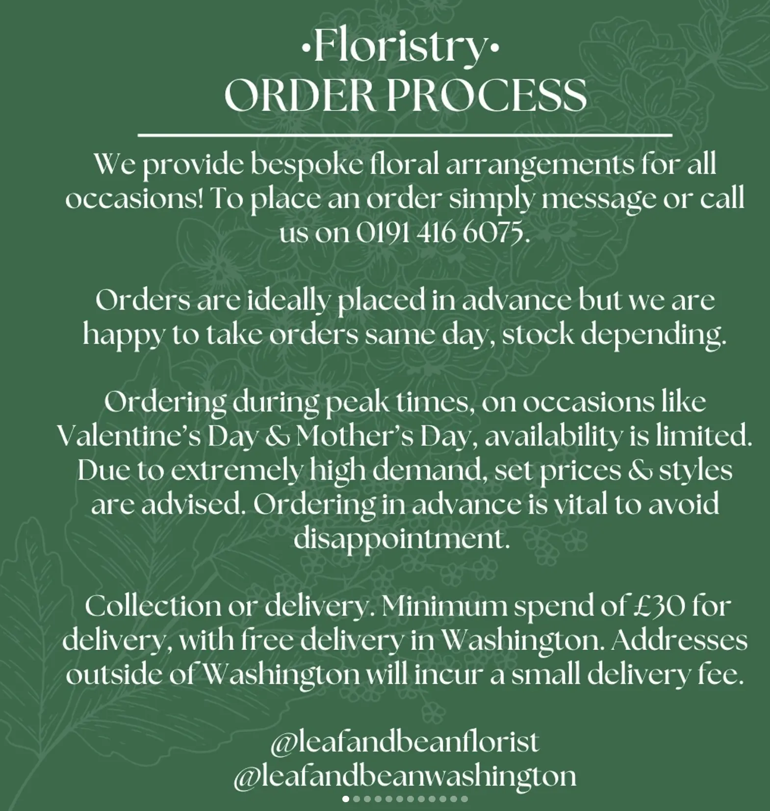 Leaf + Bean Florist order process graphic, with the same details written as text on this page
