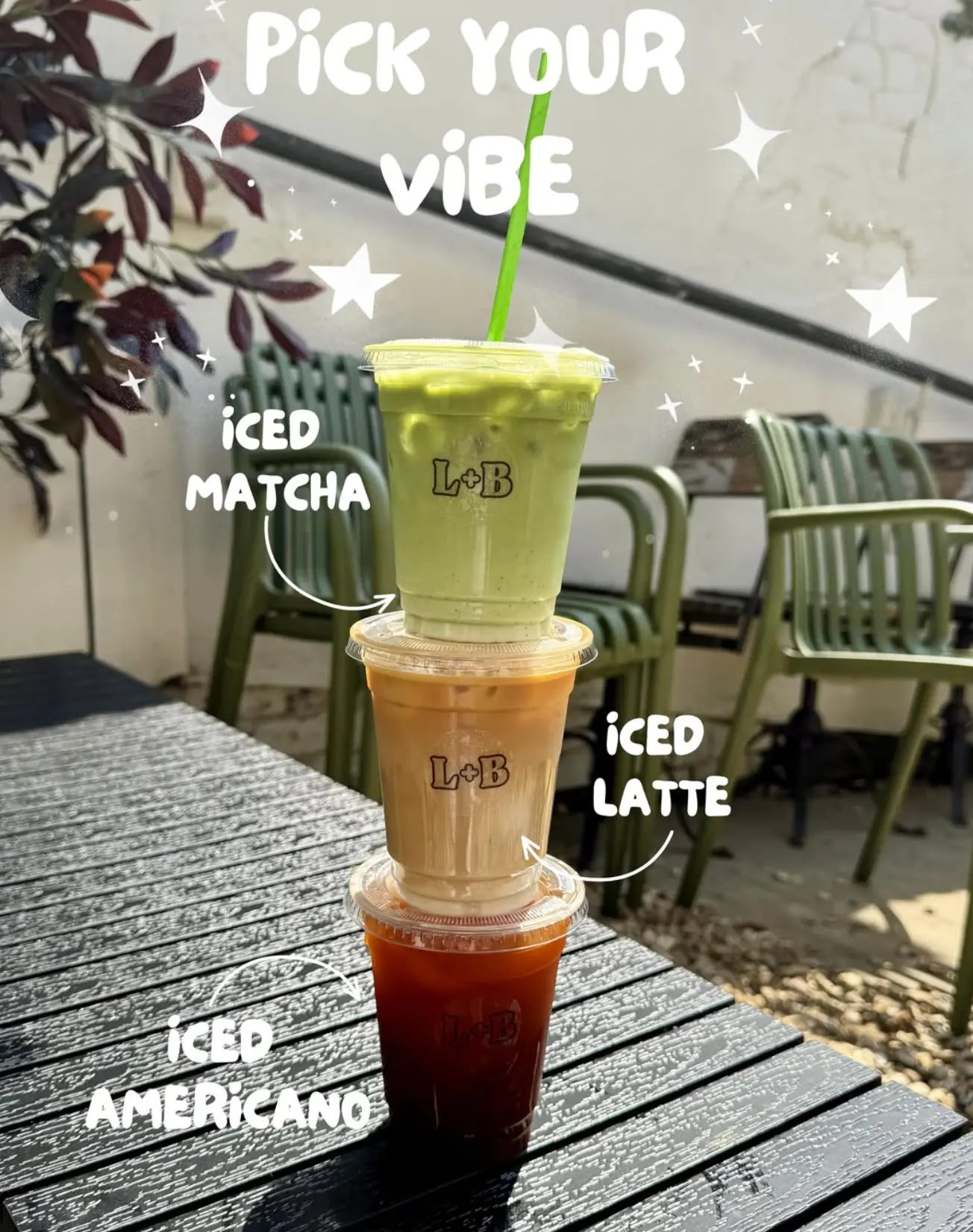 Leaf + Bean branded takeaway cups of iced matcha, iced latte and iced americano stacked on an outdoor table