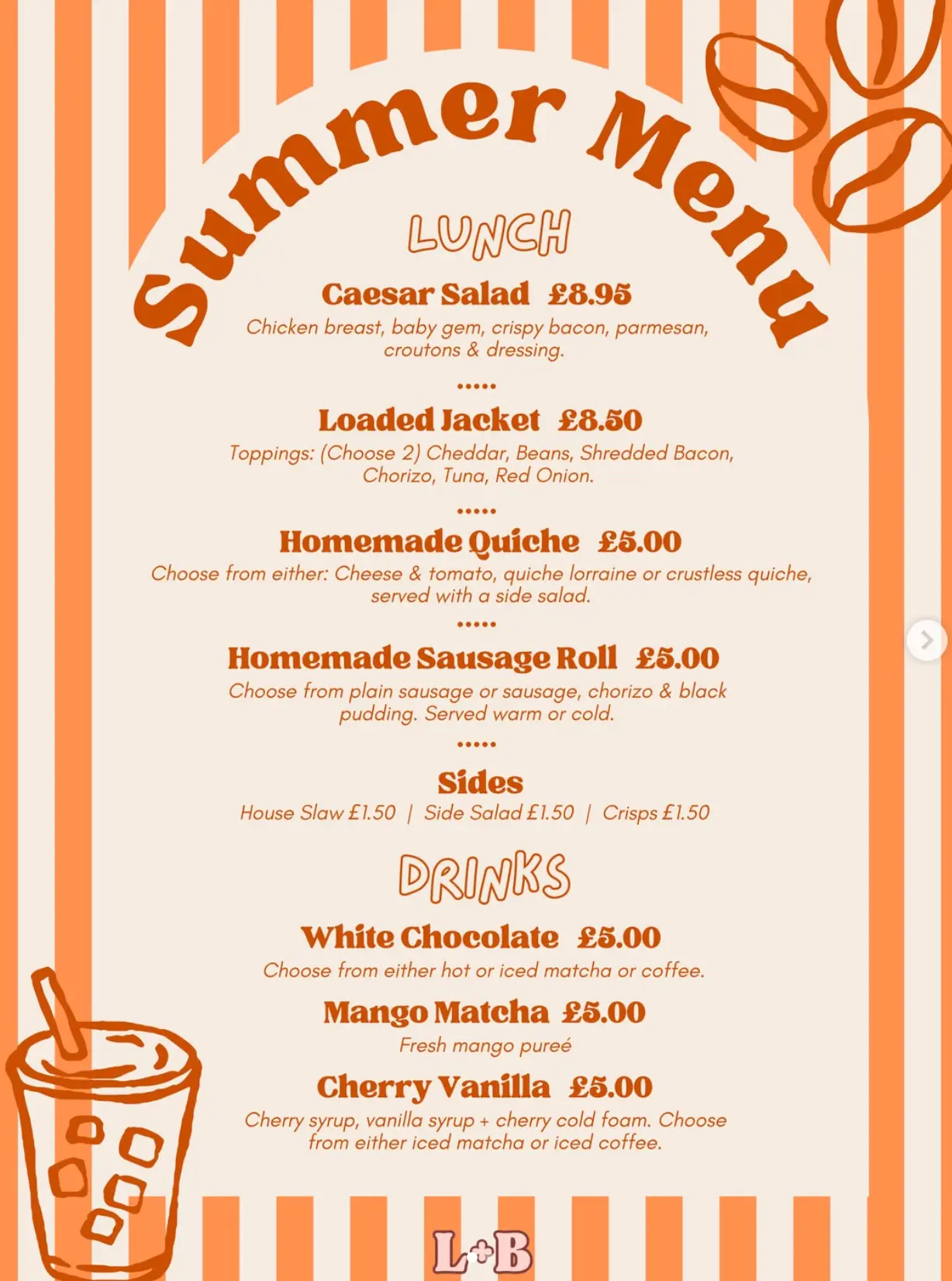 Leaf + Bean summer menu poster listing Caesar salad, loaded jacket, homemade quiche, sausage roll and speciality drinks